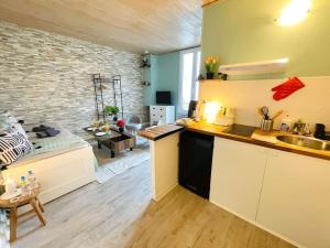 een keuken en een woonkamer met een bank in een kamer bij Le MINTY Cocoon, bright & close to Paris in Maisons-Laffitte