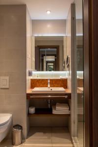 uma casa de banho com um lavatório e um WC em Imola Hotel Platán em Eger