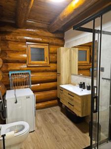 a bathroom with wooden walls and a toilet and a sink at Villa Korina in Fužine +40 photos