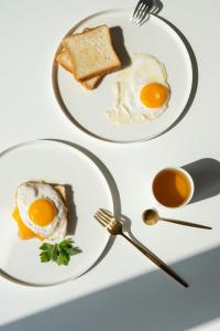 two plates of eggs and toast and a cup of tea at Airport Hotel Peebles in New Delhi