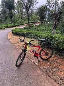 een rode fiets geparkeerd aan de kant van een weg bij Rock n Fall Nature Resort in Ella
