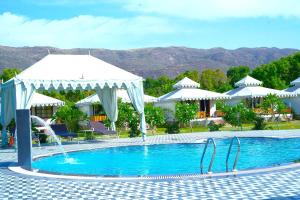 a swimming pool with umbrellas and a resort at Arvana Resort & Spa Pushkar in Pushkar