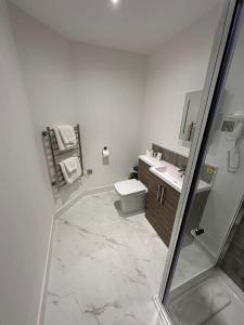 a white bathroom with a toilet and a sink at Hatfield Lodge in Lowestoft