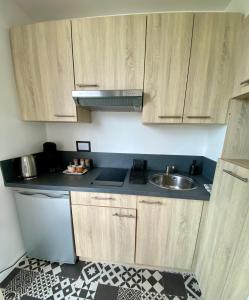 a kitchen with wooden cabinets and a sink at Superbe appartement confortable, proche centre ville in Rennes