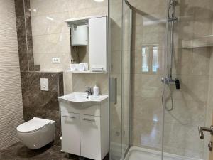 a bathroom with a shower and a sink and a toilet at 4 Sisters Apartments in Gradac