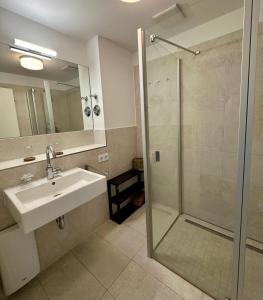 ein Badezimmer mit Waschbecken und Dusche in der Unterkunft 1902 - Am Kurpark in Dahme