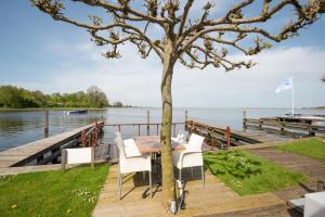 a table and chairs next to a tree on a dock at Meerzicht 24 - Luxury family accommodation with beautiful lake side view in Uitgeest