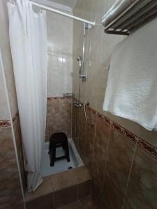a bathroom with a shower with a black stool in it at Girska Tysa Health Resort in Kvasy