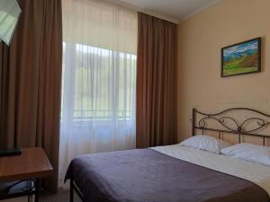 a bedroom with a bed and a large window at Girska Tysa Health Resort in Kvasy