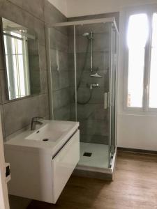 een badkamer met een douche met een witte wastafel en een glazen douche bij Jolie maison hyper centre de Châteauroux in Châteauroux