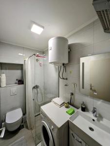 ein Bad mit einem Waschbecken, einer Dusche und einem WC in der Unterkunft Dwell well in Mostar in Mostar