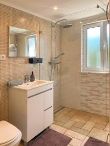 a bathroom with a shower and a sink and a toilet at Villa Alba in Aljezur +43 photos