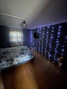 a bedroom with a bed and a wall with lights at Beautiful Trailside Haven on the Edge of Town in Hibbing