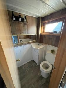 a small bathroom with a toilet and a sink at Beautiful Trailside Haven on the Edge of Town in Hibbing