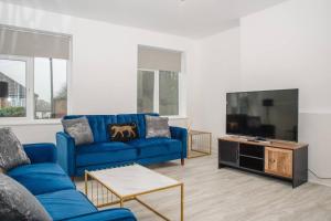 彼得伯勒的住宿－K Suites - Fulbridge Road Flat 112，客厅配有蓝色的沙发和电视