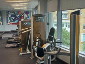 a gym with rows of tread machines and a window at Rafayel Hotel & Spa in London