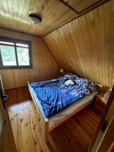 Tempat tidur dalam kamar di Domek letniskowy w Puszczy Augustowskiej z sauną i balią