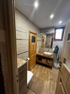 een badkamer met een toilet, een wastafel en een bad bij Domek letniskowy w Puszczy Augustowskiej z sauną i balią in Ateny
