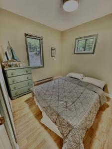 een slaapkamer met een bed, een dressoir en 2 ramen bij Great Escape! (WATERFRONT Cottage in Muskoka) in Windermere