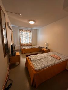 a hotel room with two beds and a television at Grand Hostel Imatra in Imatra