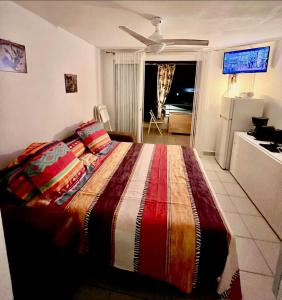 1 Schlafzimmer mit einem großen Bett und einer Küche in der Unterkunft STUDIO BELLE PLAGE in Leucate