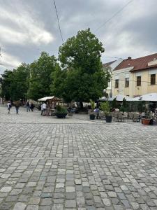 un patio con gente caminando, mesas y árboles en Cluj Downtown Accomodation, en Cluj-Napoca