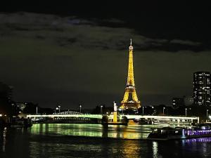 a view of the eiffel tower at night at Beautiful apartment in paris 16 in Paris
