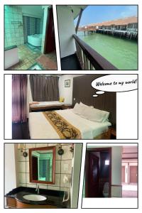 a collage of four pictures of a hotel room at Cuti-cuti port dickson water chalet in Port Dickson