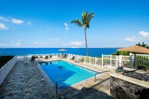 a swimming pool with a palm tree and the ocean at Kona Shores 221 STVR #19-390879 in Kailua-Kona