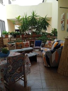 ein Wohnzimmer mit Sofas, Tischen und Pflanzen in der Unterkunft Vivere in famiglia in Orosei