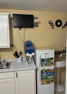 a kitchen with a refrigerator and a tv on the wall at Denyse Home Cottage in Saint Johnʼs