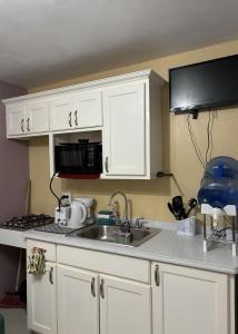 a kitchen with a sink and a microwave at Denyse Home Cottage in Saint Johnʼs