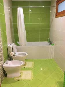 y baño verde con aseo y bañera. en Refúgio Sereno, Casa na Montanha com Piscina Privativa, en Braga