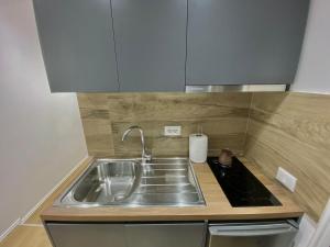 uma cozinha com um lavatório e uma bancada em Mara Central Apartment 4 em Tirana