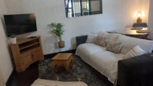 sala de estar con sofá blanco y TV en O Privilège Villa d'exception en Centre-ville de St-Pierre en San Pedro