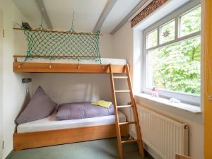a bunk bed in a room with a ladder and a window at Austernfischer 4a in Spiekeroog