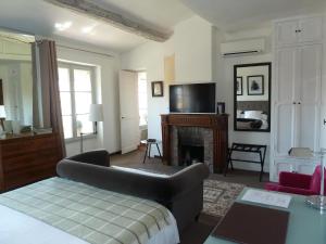 sala de estar con sofá y chimenea en Appartement Cours Mirabeau CrsMb, en Aix-en-Provence