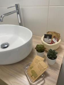 een badkamerbar met een witte wastafel en een aantal planten bij Nais Home Torino in Turijn