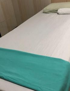 Una cama blanca con una manta verde. en Pousada Aldo, en Delmiro Gouveia