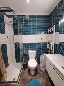 里斯本的住宿－玫瑰色之家公寓，浴室配有卫生间、淋浴和盥洗盆。