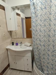 een badkamer met een wastafel en een douche bij Leonica in Omiš