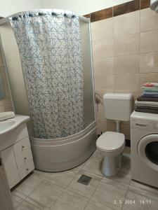 een badkamer met een douchegordijn en een toilet bij Leonica in Omiš