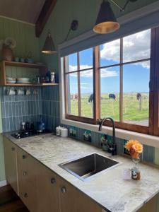 a kitchen with a sink and two windows with animals in the field at Romantic hilltop hideaway - Skyview Cottage in Dairy Flat