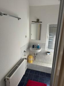 ein Badezimmer mit einem Waschbecken, einem Spiegel und einem Waschbecken in der Unterkunft Die kleine Pension in Delmenhorst