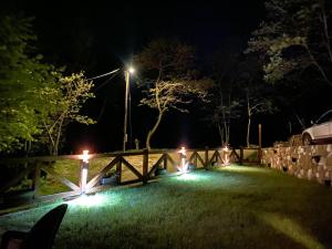 una cerca con luces en un patio por la noche en Kuca za odmor ,,Balkan” en Crni Vrh