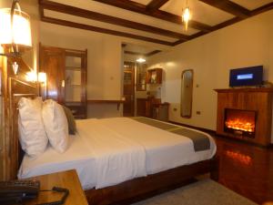 a bedroom with a large bed and a fireplace at Le Pristine Wellness and Healing Hotel in Nyeri