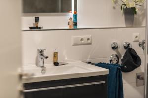 a bathroom sink with a mirror and a blue towel at Birkenstraße 6 Haus II Whg2 in Zingst