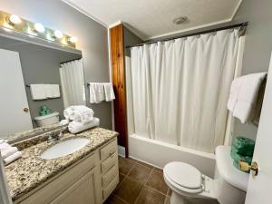 a bathroom with a sink and a toilet and a mirror at Cottage 6- Lees Ford Marina in Nancy