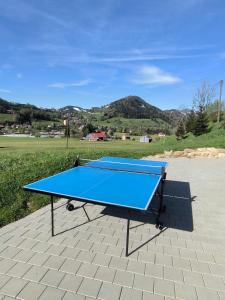 - une table de ping-pong bleue assise sur une terrasse dans l'établissement Ferienhaus am Berg, à Oberstaufen