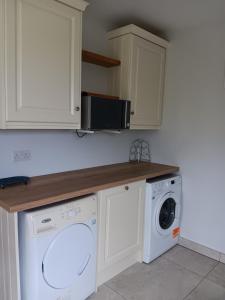 a kitchen with a washing machine and a microwave at Duplex/2 Bedrooms on Kildare/Carlow/Laois Border in Carlow